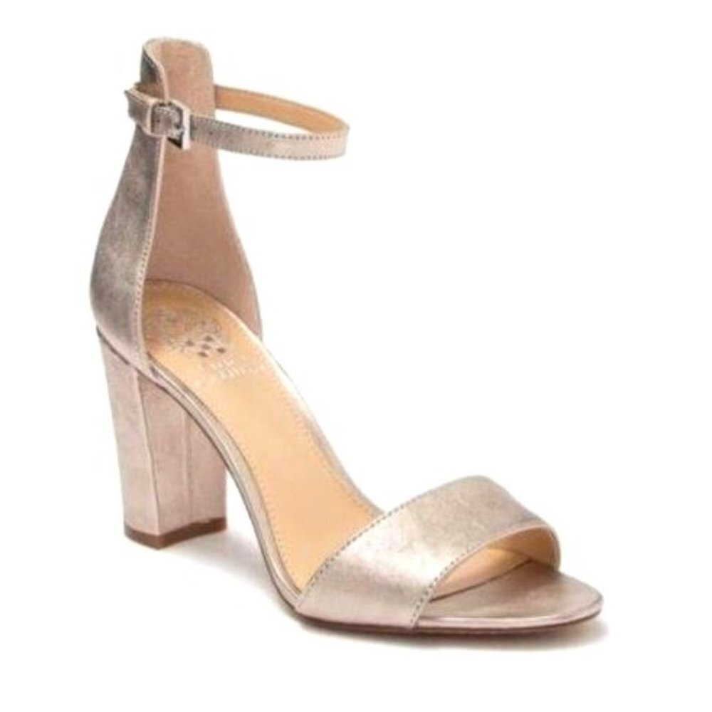 VINCE CAMUTO Corlina Metallic Leather Sandal Ankle Strap Block Heel 5.5